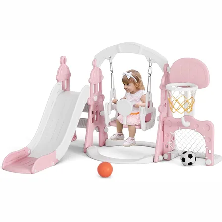 XJD 6-in-1 Toddler Slide & Swing Set with Football Goal Pink